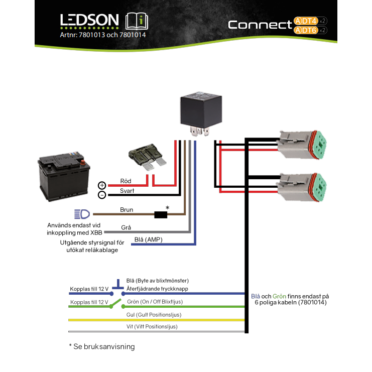 LEDSON DT-6 Kablage 12V med relä, 6-polig, 1st DT 180W - ÖREBRO MC SERVICE
